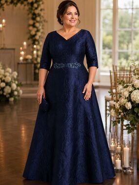 ✨ Teri Jon by Rickie Freeman Floral Metallic Jacquard A-Line Beaded Gown
